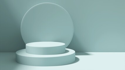 Modern and minimal turquoise geometric round cylinder podium in sunlight, shadow on abstract wall for luxury beauty, skincare, cosmetic, body care product display background 3D