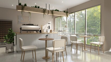 Modern, cozy beige cafe and bakery with counter, professional espresso machine, cake display,...