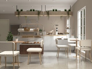 Modern, cozy beige cafe and bakery with counter, professional espresso machine, cake display, tables, chairs, window to backyard for luxury coffee shop, bistro interior design background 3D