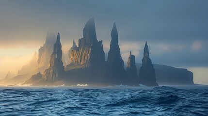 Majestic volcanic island rising from the ocean, with dramatic cliffs and unique rock formations, set against a backdrop of rolling waves and a clear horizon Generative AI