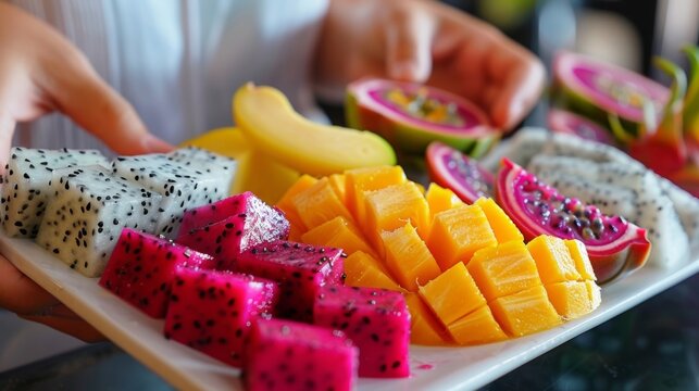 A food critic carefully examines a plate of tropical fruits noting the texture taste and riss of each one. A variety of exotic fruits including dragonfruit papaya and passionfruit are