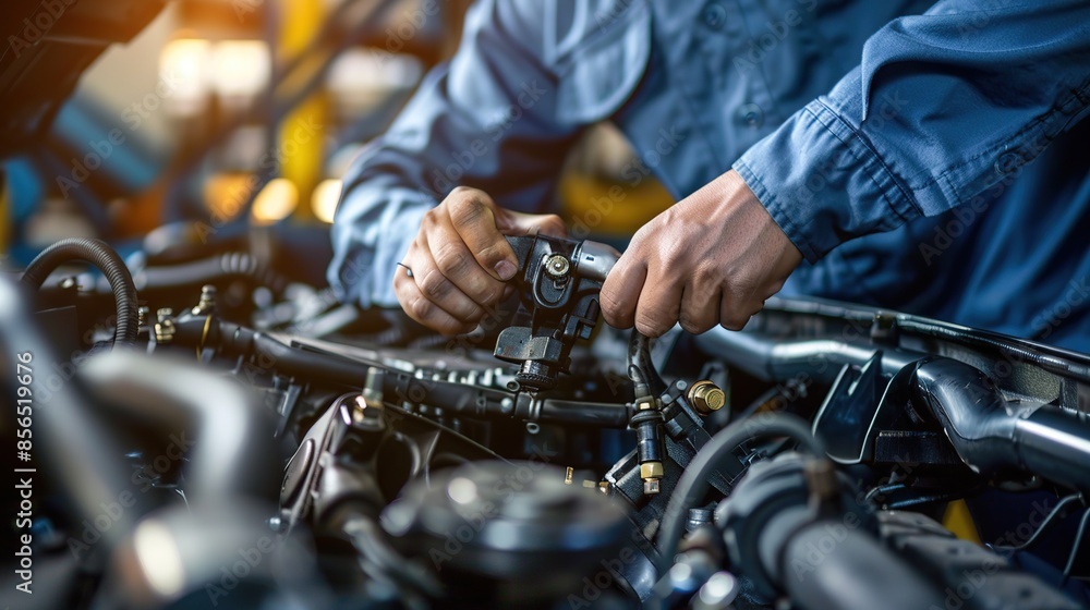 Poster horizontal image of a maintenance mechanical engineer at work. copy space for text.