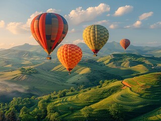 Fototapeta premium Colorful Hot Air Balloons Floating Over a Green Valley 