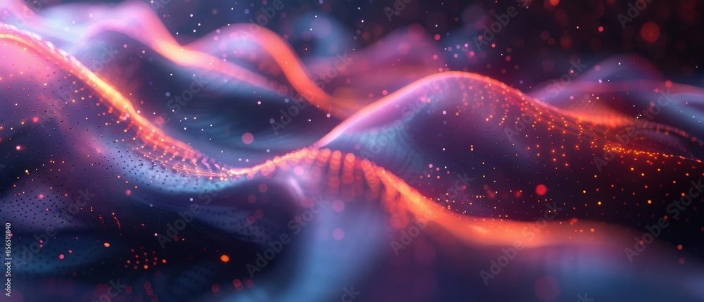 Poster abstract colorful glowing waves with particles.