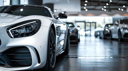 Fototapeta premium Interior modern cars in showroom, Luxury showroom car. Car for sale. white tone. copy space for text.