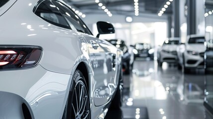 Interior modern cars in showroom, Luxury showroom car. Car for sale. white tone. copy space for text.