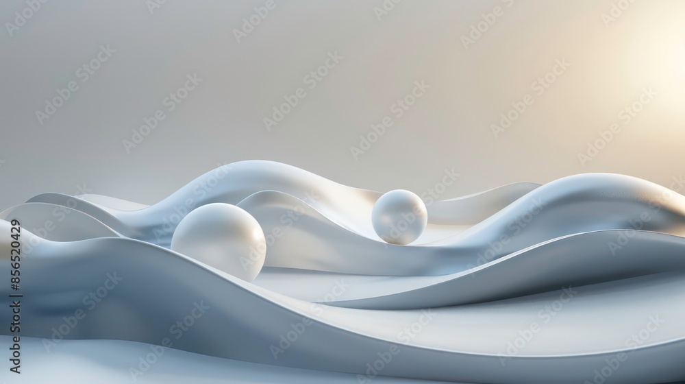 Poster 3d rendering of a smooth, flowing surface with three spheres resting on it. the surface is lit by a 