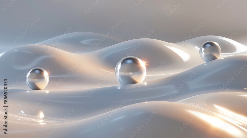 Poster 3d rendering of a smooth, flowing surface with three spheres resting on it. the surface is lit by a 