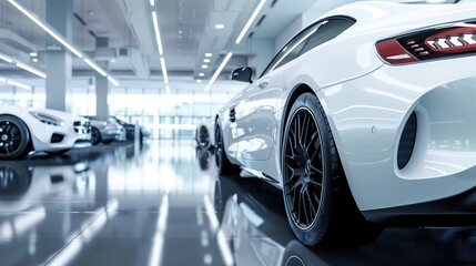 Fototapeta premium Interior modern cars in showroom, Luxury showroom car. Car for sale. white tone. copy space for text.