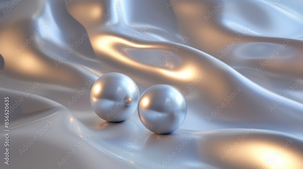 Poster 3d rendering of a smooth, flowing surface with three spheres resting on it. the surface is lit by a 