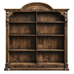 A rustic wooden bookcase with six shelves and two drawers.