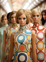 Women dressed in vibrant, retro-style dresses, 60's fashion models