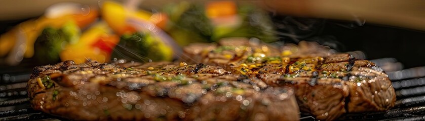 Grilled seasoned steaks with perfectly grilled vegetables in the background, sizzling on a barbecue grill, juicy and appetizing.