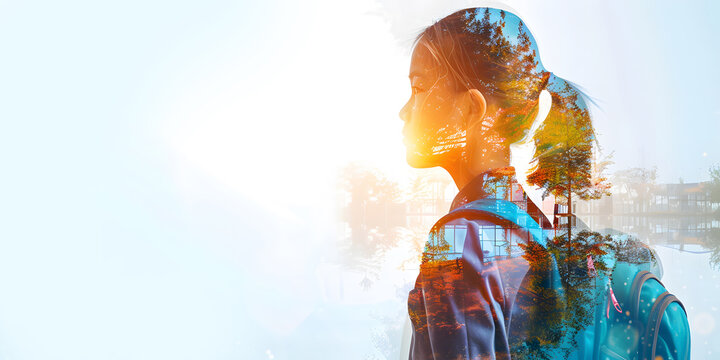 double exposure of student backpack  book concept education and future