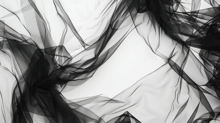 Abstract black tulle background on white with space for text Overhead view