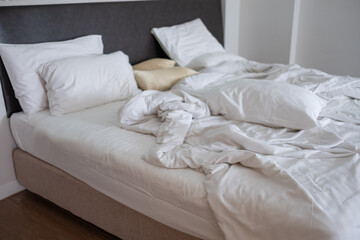 white bed background, after sleep, dirty bed