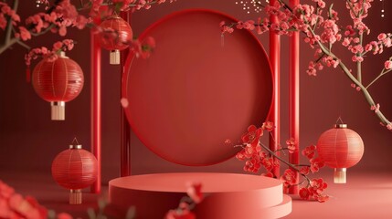 3d rendering of minimal scene of blank podium with Chinese lunar new year theme. Display stand for product presentation mock up. Chinese traditional texture.