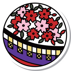 ステッカー風の円形シンプル花札　幕　弥生　桜　3月　桜に幕
