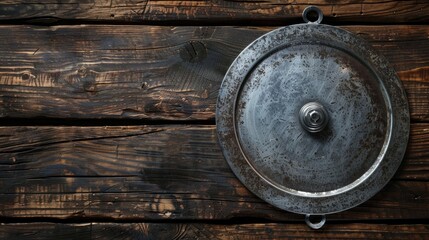 Aluminum plates on wooden background for weight scales Text space available
