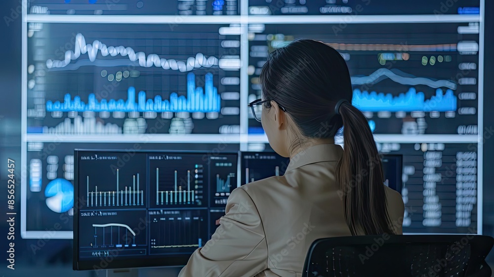 Poster woman analyzing multiple data screens in modern office, focusing on graphs and statistics for financ