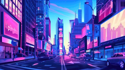 Obraz premium Vibrant digital art of a futuristic city at night with bright neon lights, tall skyscrapers, and bustling urban streets.