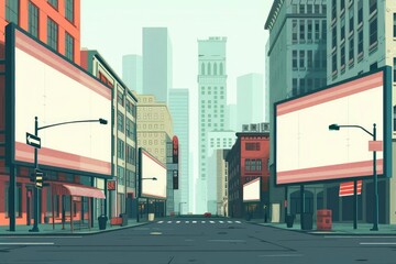 Empty city streets with towering buildings and blank billboards, creating a serene urban landscape ready for customization.