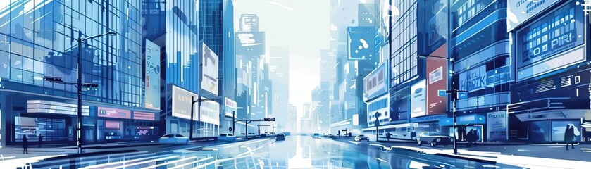 Obraz premium Futuristic cityscape with tall buildings and neon lights reflecting on wet streets, creating a vibrant and modern urban environment.