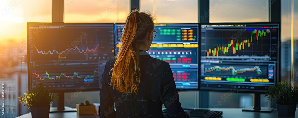 Poster female stock trader monitors multiple screens of financial data and stock market charts in modern of