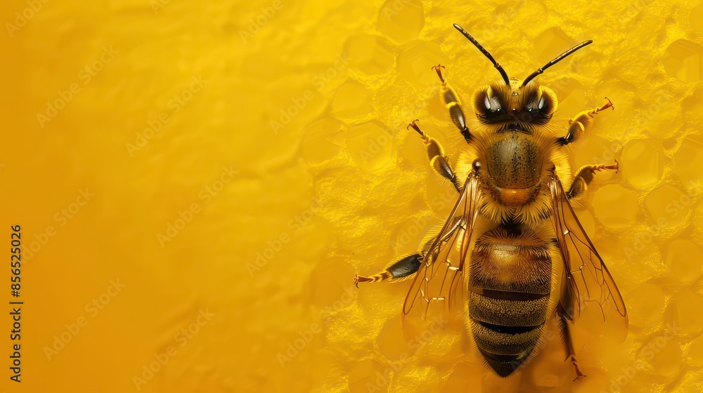 Poster a bee on a yellow background. the bee is in focus and the background is blurred. the bee is facing t