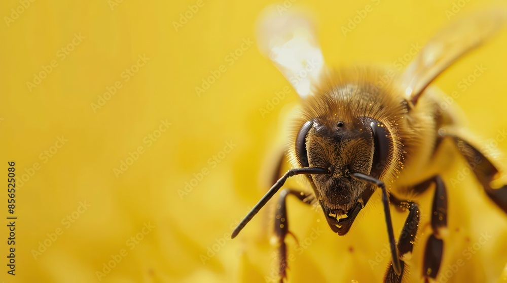 Poster a bee on a yellow background. the bee is in focus and the background is blurred. the bee is facing t
