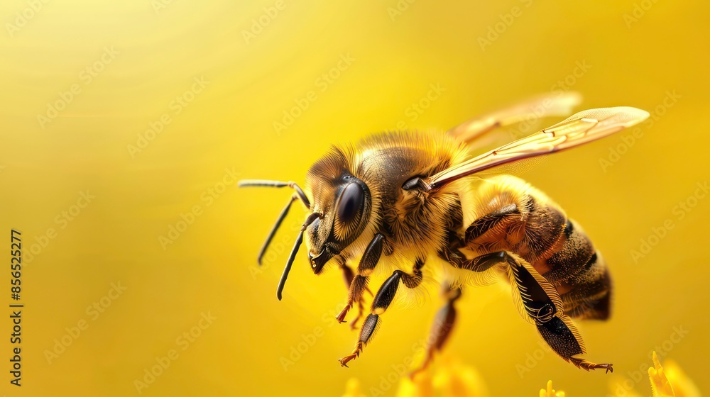 Poster a bee on a yellow background. the bee is in focus and the background is blurred. the bee is facing t
