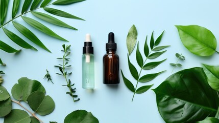 Natural skincare products on blue background with green foliage in flat lay composition