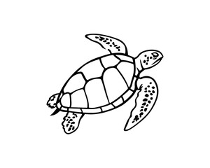 Vector isolated cute cartoon swimming sea turtle colorless black and white contour line drawing, sea turtle silhouette 