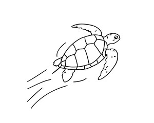 Vector isolated cute cartoon swimming sea turtle colorless black and white contour line drawing, sea turtle silhouette 