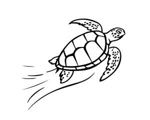Vector isolated cute cartoon swimming sea turtle colorless black and white contour line drawing, sea turtle silhouette 