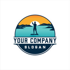 Paddle board on the lake vector logo with round badge design
