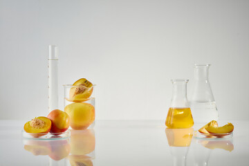 White background photo from front angle, lab desk containing some utensils like erlenmeyer, beaker,...