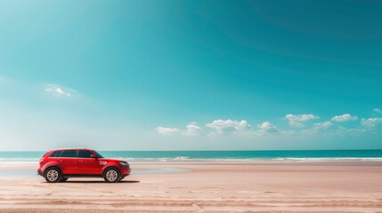Obraz premium A fancy red car parked along beautiful broad beach under blue clear sky, with copy space, travel concept landscape scene. Generative AI