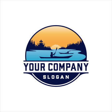Lake kayaking logo emblem vector with masculine style design