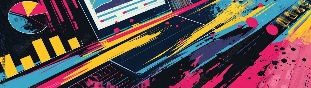 Poster vibrant and abstract digital art depicting colorful data visualization in a futuristic design with n