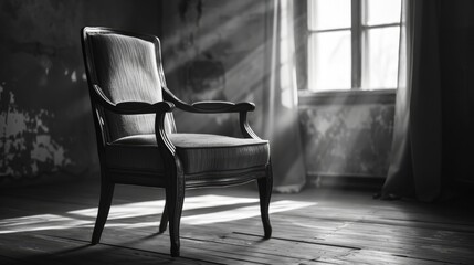 Monochrome photo of a vintage oak chair in a well lit room British made luxurious furniture on simple backdrop