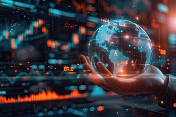 Fototapeta premium Hand holding a glowing digital globe with financial data and stock market graphs in the background, symbolizing global business and technology.