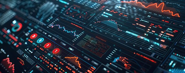 Obraz premium Close-up of digital financial dashboard with real-time stock market data, charts, and analytics for business analysis and trading strategy.