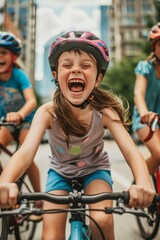 Naklejka premium A photo of a happy black kid riding a bike in a city with buildings and cars behind them