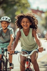 Obraz premium A photo of a happy black kid riding a bike in a city with buildings and cars behind them