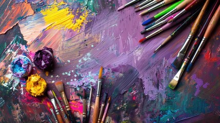 Obraz premium Art supplies on a violet backdrop