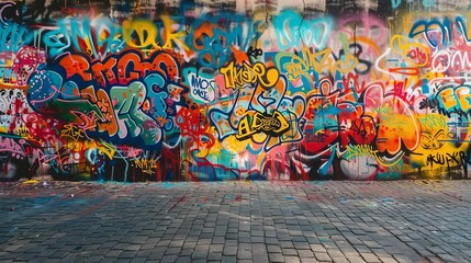 Urban graffiti mural with vibrant colors and bold designs, covering an entire city wall