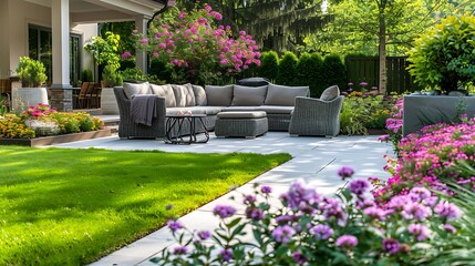 Obraz premium Backyard Patio with Sectional Sofa and Lush Greenery