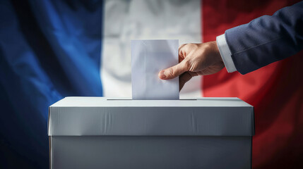 A person entering a vote into a ballot box French flag. France elections