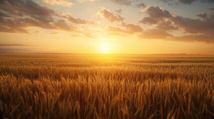 Sunset over a vast golden wheat field, highlighting serene agricultural beauty under a colorful sky, perfect for nature and farming themes.
